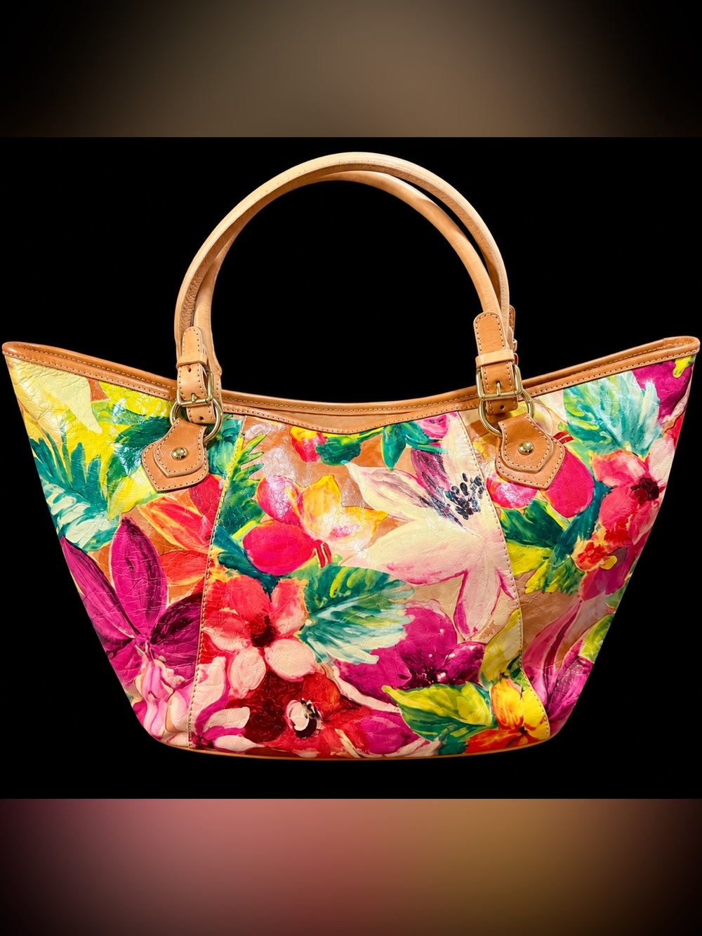 Maurizio Taiuti Leather Hand Painted Large 19-inch Crescent Boho Whimsy Tote